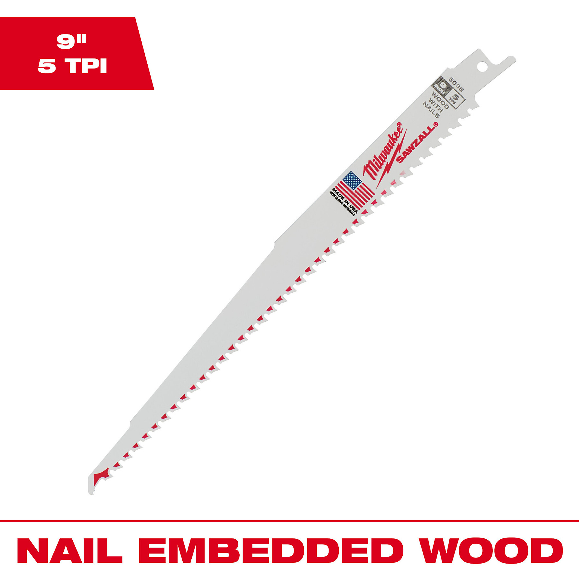 Milwaukee Sawzall® Wood Cutting Blade, 9in.L, 5 TPI, Bi-Metal, Thin Kerf, Model# 48-01-2016
